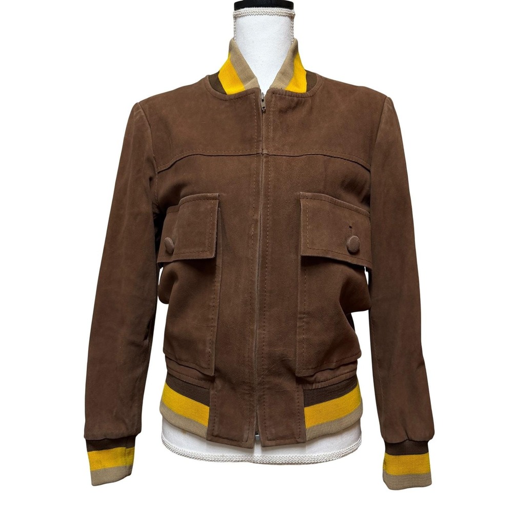 Vintage Style Brown Vegan Suede Bomber‎ Jacket Yellow Striped Trim Size S M